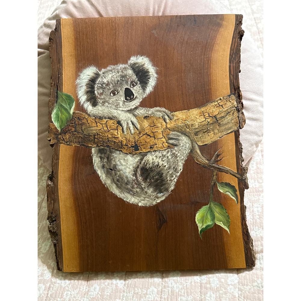 Vintage Hand Painted Koala Bear Live Edge Wood Slab Wall Art Rustic Folk Decor